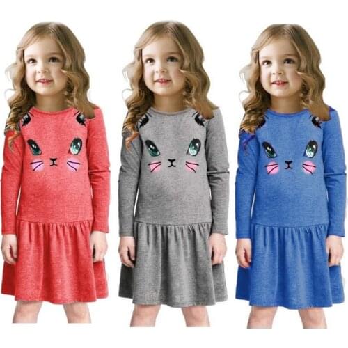 Cat Baby Girls Dress Long Sleeve Jumpers Blouses Children Clothes Girl Dresses Princess Cotton Outfits 90 100 110 120 130