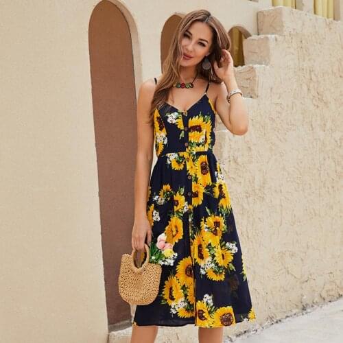 Bohemian Dress Ladies Print Floral Beach Summer Dress Women Sundress Sexy V-Neck Sleeveless Dresses for Women Casual