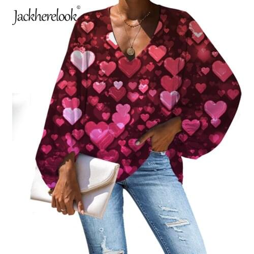 Jackherelook Girls Red Hearts Pattern Ladies Elegant Shirts Office OL Classic Blouse Tops Femme Summer Loose Chemisier Mujer