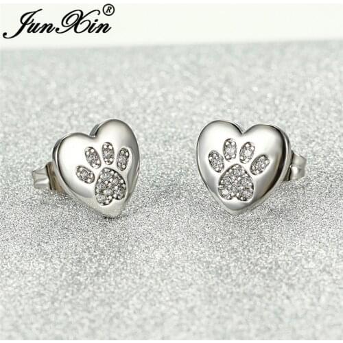 Cute Love Heart Earrings Silver Color Animal Bear Cat Dog Paw Stud Earrings For Women Men White Blue Stone Wedding Ear Studs