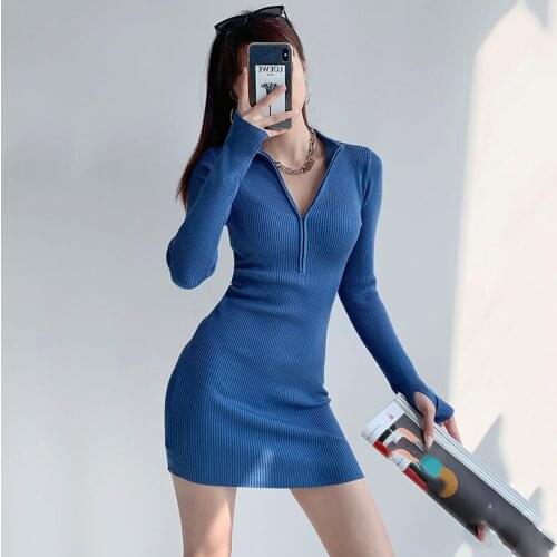 Sexy V-Neck Long Sleeve Bodycon Dress for Women 2021 Winter White Knitted Sweater Mini Woman Dresses Robe Femme