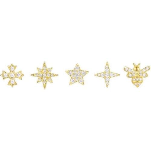 SOELLE 5pcs/set 925 Sterling Silver Gold Color Cross Star Bee Stud Earrings Pave 3A Zircon CZ Women Fashion Brand Jewelry