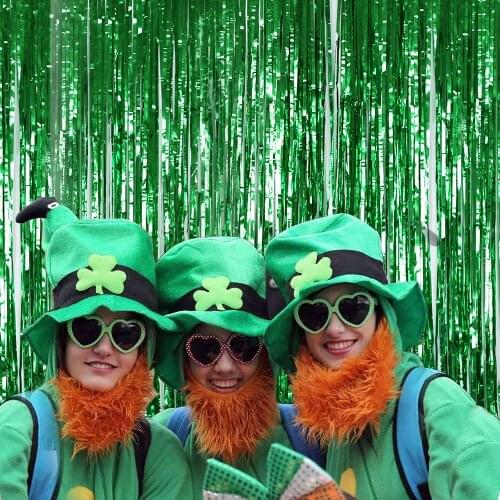 2Pack St.Patricks Day Green Foil Curtains Metallic Fringe Curtain for Birthday Wedding Xmas Party Jungle Party Wall Decorations