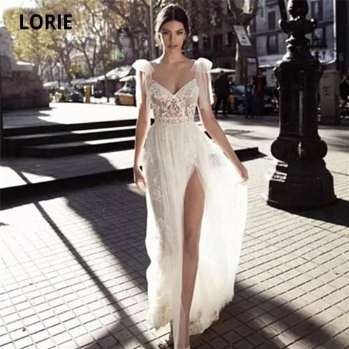 Booma Beach Wedding Dresses Lace Appliques Boho Bridal Gowns Sleeveless Backless Vintage Wedding Party Dress with Slit Plus Size