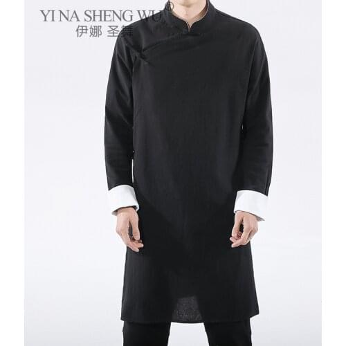 Streetwear Chinese Style Buckle Oblique Placket Thin Tang Suit Coat Mens Long Sleeve Coat Male Hanfu Robe Harujuku Wind Breaker