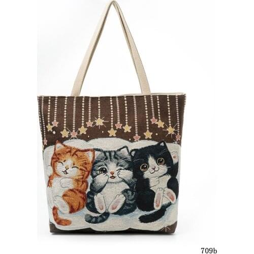 Embroidered Cat Tote Handbag Shoulder Bag Lovely Cat Woman Canvas Eco Shopping Bags for Woman Gril