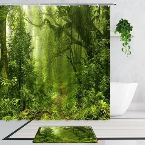 Green Jungle Landscape Shower Curtains Tropical Rain Forest Plants Tree Rattan Home Decor Bathroom Curtain Non-Slip Mats Carpet