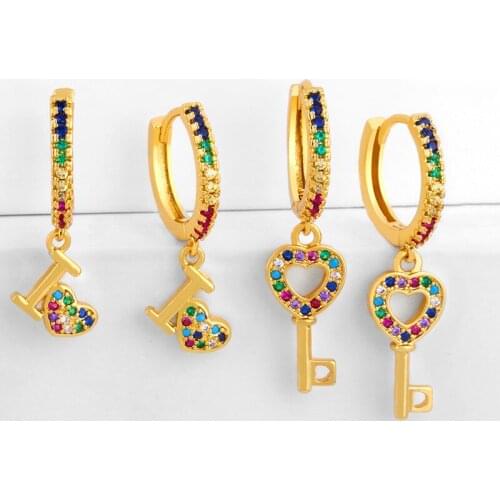 Gold Key Stud Earrings For Women Cute Crystal Heart Earring Stud Small CZ Cubic Zirconia Women Rainbow Jewelry pendientes ersr87
