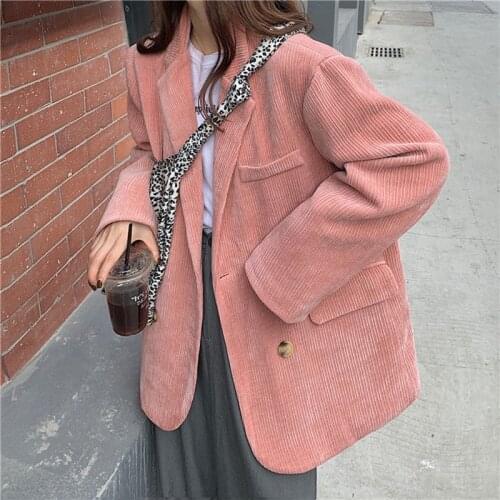 Fall 2021 Retro Womens Blazers Corduroy Full Sleeve Long Coats Women Korean Fashion Double-breasted Loose Blazer Winter Mujer