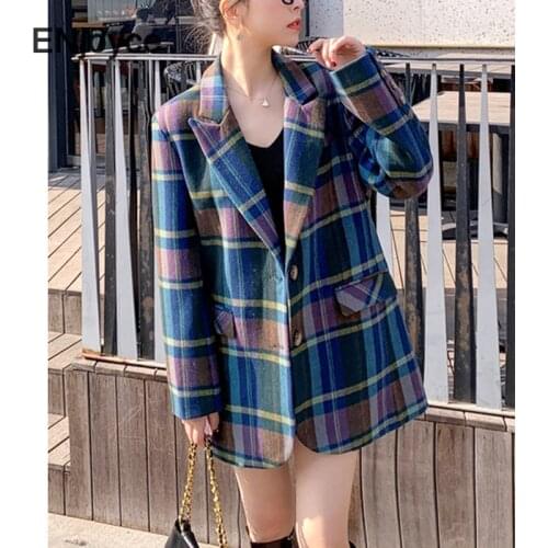 New 2021 Spring Women Vintage Plaid Blazer with Belt Elegant Female Korean Fashion Suit Outerwear