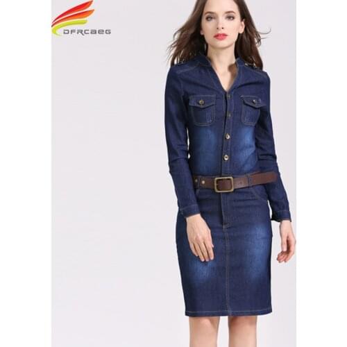 Women Denim Dress 2020 Spring Summer V Neck Long Sleeve Bodycon Dresses Elegant Ladies Jeans Casual Vestidos Femininos With Belt