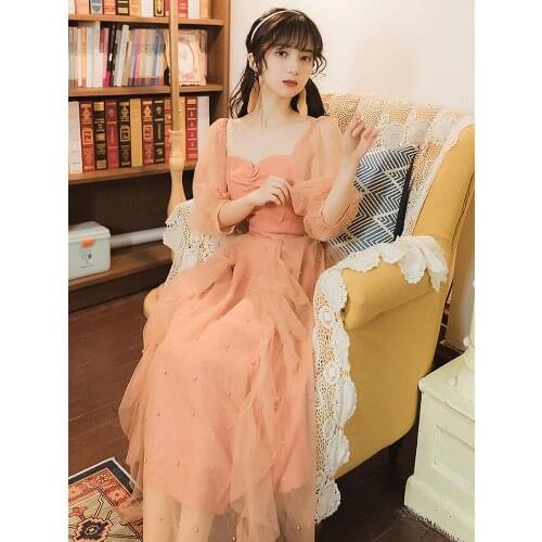 2021 Summer New Womens Retro Slim Slimming Square Neck Lantern Sleeve Dress Bohemian Elegant Net Yarn Beaded Long Dress