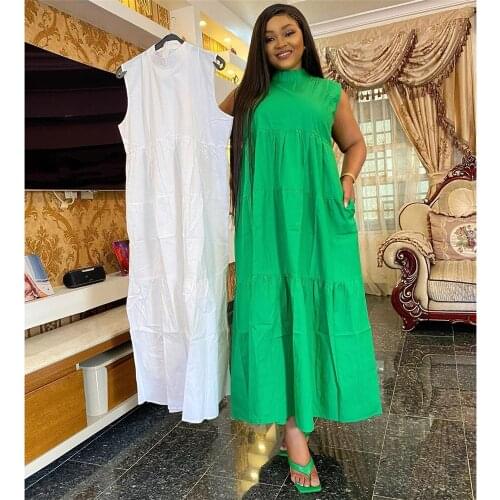2021 Fashion Women African Clothes Solid Colors Sleeveless Maxi Dress Africa Kanga Clothing Pleated Shirt Dress Loose Casual New