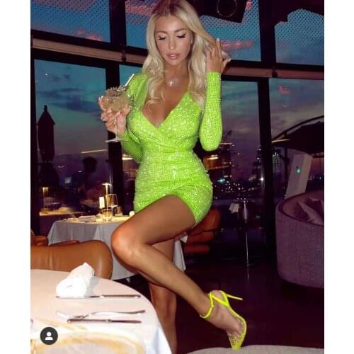 2021 Fashion Women Sexy Mini Bodycon Long Sleeve V Neck Elegant Party Dress