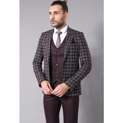 Burgundy Blue Vested Suit for Men Wessi