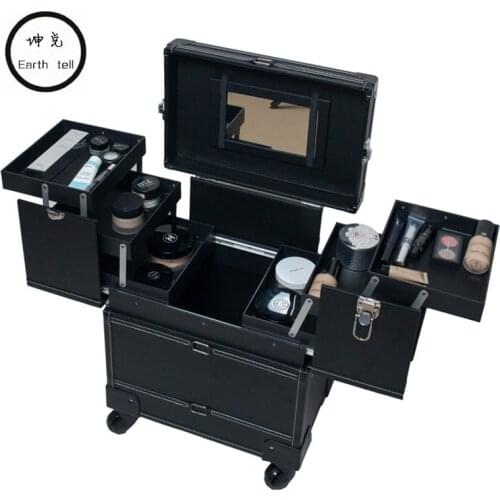 Baggage Makeup Case aesthetic black professional universal wheels trolley cosmetic box PU crocodile pattern best beauty Luggage