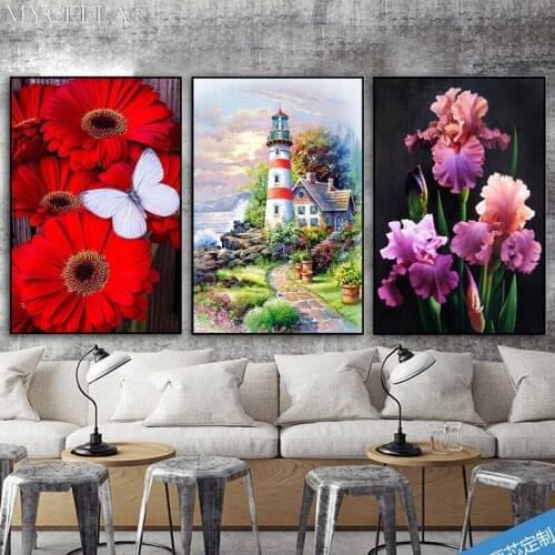 Flowers 5D DIY Diamond Painting Wolf Cross Stitch Diamond Embroidery Mosaic Diamonds Wall Stickers Home Decor Lighthouse