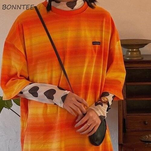 T-shirts Women Chic O-neck Streetwear Harajuku Loose Striped Summer All-match Fashion Hip-Hop Casual Lovely Sweet High-quality