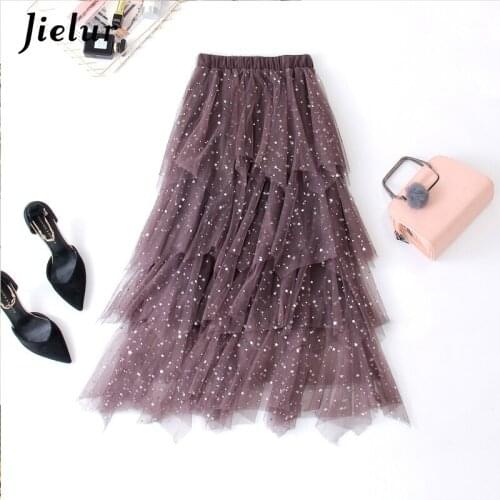Jielur Mesh Skirt Women Irregular Elegant High Waist Skinny Long Skirt Sweet All-match Beautiful Soft Ropa Mujer Verano 2021