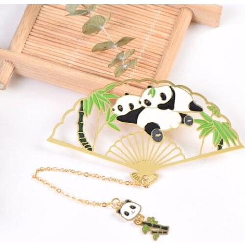 Kawaii Panda Folding Fan Brass Bookmark Cute Pendant Metal Art Pattern Book Mark Page Folder Office School Supplies Stationery