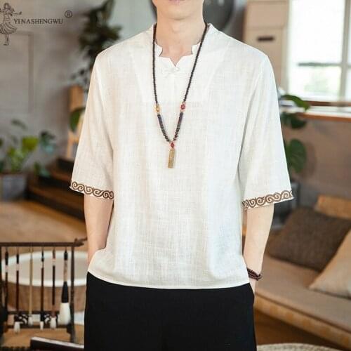 Kimono Japanese Men Harajuku Cotton Linen Tshirt Mens Summer Solid Streetwear Fashions White Tshirts Male Summer T-shirts