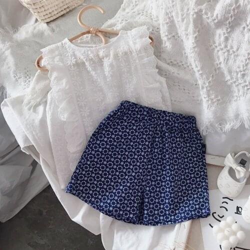 Hollead Baby Girls Clothes Sets White Embroidered Clothing T-shirt+Blue Short Pant 2Pcs/Sets 2021 Summer Children Casual Costume