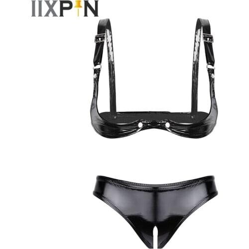 Womens Panties And Bra Wet Look Patent Leather Lingerie Sets Sexy Open Cup Bra Top With Open Crotch Mini Briefs Underwear Set