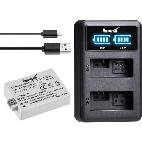 1Pcs LP-E5 LP E5 Battery Bateria + LED USB Dual Charger for Canon EOS Rebel XS Rebel T1i Rebel XSi 1000D 500D 450D Kiss X3 X2