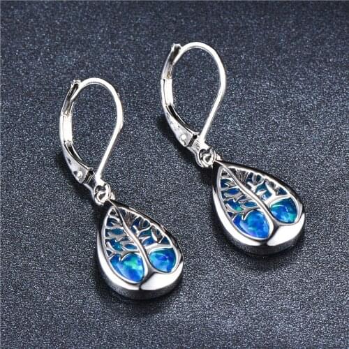 Fashion Tree of Life Dangle Earrings White Blue Opal Water Drop Earrings For Women Vintage Black Rose Gold Silver Color Earrings
