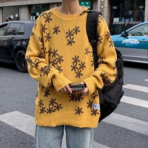 Men Round-collar Knitted Sweaters Retro Knit Japanese Snowflake Men Clothing Vintage Patch Long sleeve Pullover Men Sweater
