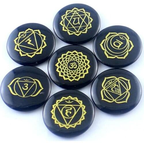 1pc Natural Stone Black Agates 7 Chakras Carving Symbol Indian Religious 30mm Round Card Brand Decorations Jewelry Finings DIY