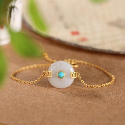 Original S925 Sterling Silver Gold Plated Natural Emerald Vintage Antique Creative Design Peace Buckle Temperament Turquoise Bra