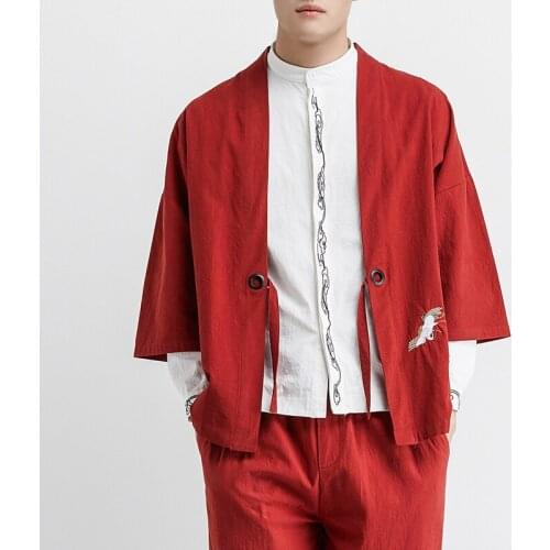 Kimono Jacket Men Summer Chinese Style Embroidery Crane Cardigan Harajuku Retro Brand Loose Tang Suit Coat 5XL