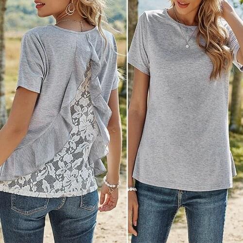 Hot kf-Womens Summer Solid Color Pullover Loose Round Neck Lace Short Sleeve T-Shirt