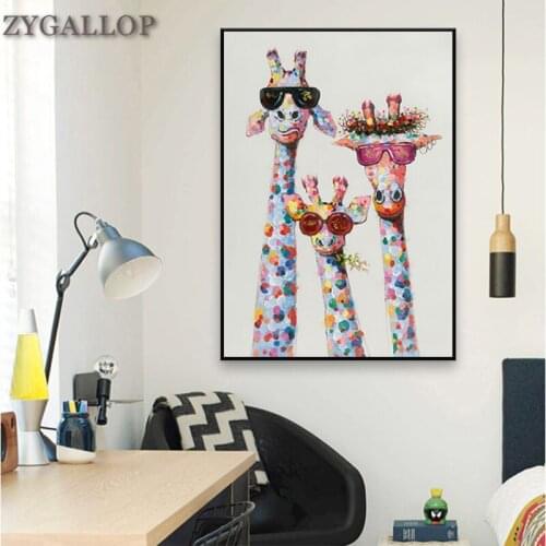 The Giraffe family With Glasses Canvas Painting Animal Wall Art Print Canvas Posters Colorful Giraffe Pictures for Bedroom Decor