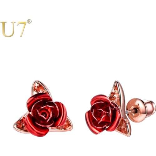 U7 Rose Flower Stud Earrings For Women Ladies Brincos Gift Rose Gold Color Simple Cute Earrings Party Wedding Jewelry E1015