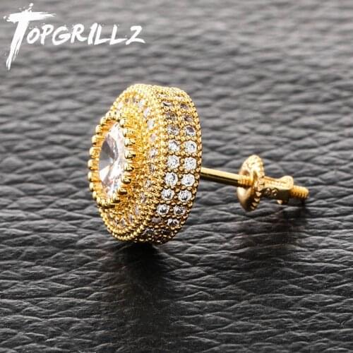 TOPGRILLZ Hip Hop Iced Out Bling Stud Earrings For Men Women Luxury Golden Micro Pave Cubic Zircon Round Stud Earring Gifts