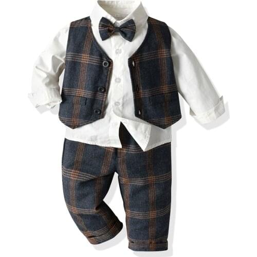 Spring Toddler Boys Plaid Clothes Baby Formal Party Costume Vest Shirt Pants 3 Pieces Infant Kids Fall Outerwear Set 1-7 Years