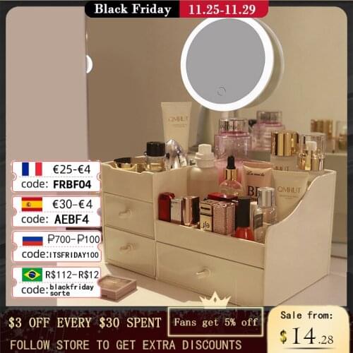 LED Mirror Makeup Organizer Bathroom Large Capacity Drawer Makeup Storage Box Skin Care Dressing Table Girl Cosmetic Beauty Case
