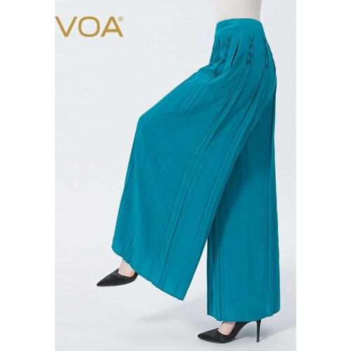VOA Silk NaturaIndigo Blue Waist Invisible Side Pull Fold Pocket European and American Loose Crisp Wide-leg Pants Women KE526