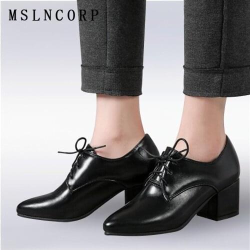 Plus Size 34-43 Fashion Spring Autumn fashion Casual shoes women square heel lace-up Soft Leather Oxfords Shoes Vintage Shoes