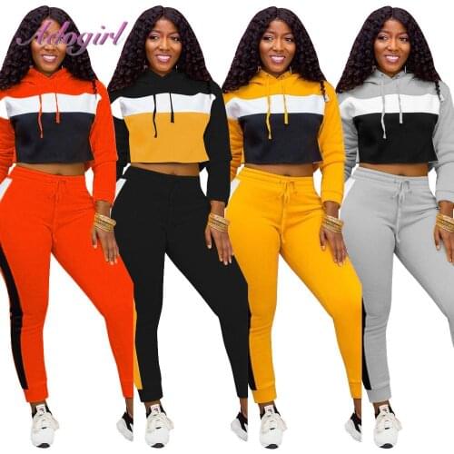 WomenS Set Autumn Tracksuit Patchwork Full Sleeve Hoodies Crop Sweatshirt Joggers Pants Suit Sport Active Two Piece Set Fitness