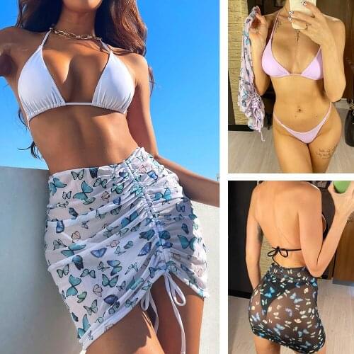 Womens Sexy Bikini Set 3-piece Swimsuit with Printed Mesh Beach Skirt Sling Triangle Swimsuit Summer Beach Club
