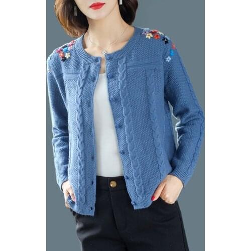 2019 Women Sweater O-Neck Loose Knitted Single Breasted Casual Sweater vintage Embroidery Cardigans coats women