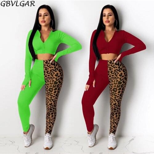 Women Zipper V Neck Crop Tops Hoodies And Pant Set Leopard Print Patchwork Sportswear Two Piece Sets Autumn Sexy 2 Piece Outfits