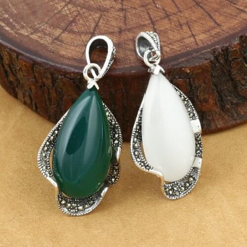 925 Sterling Silver Pendant Jewelry Retro Thai Silver Men And Women Marcasite Inlay Opal Couple Agate Pendant Accessories