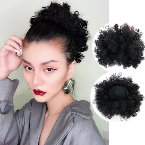 African American Afro Bun Short Kinky Curly Chignon Synthetic Jerry Curl Hair Bun Wrap Drawstring Puff Chignon Hair Extensions