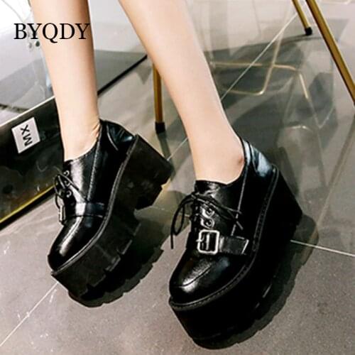 BYQDY Sexy Narrow Bands Woman Platform Pumps Spring Autumn Mary Janes Shoes Round Toe Lacing Chunk Heels Buckle Strap Pumps Hot