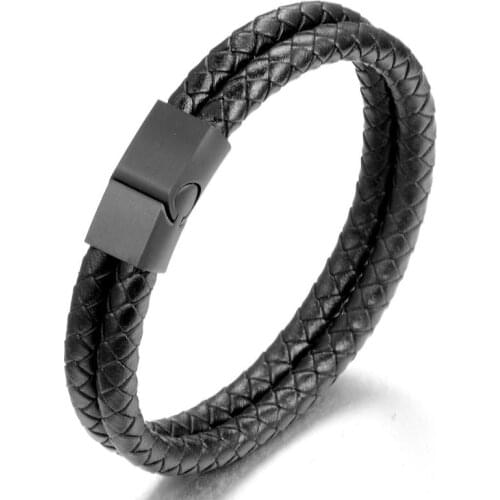 Black Leather Bracelet with Metal Magnetic Buckle Double Layer Classic Bracelet for Men Fashion Jewelry