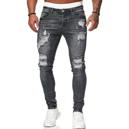 Spring Summer Casual Biker Ripped Jeans Skinny Stretch Jeans Men Hip Hop Slim Harem Homme Brand Denim Hole Pencil Pants BLACK